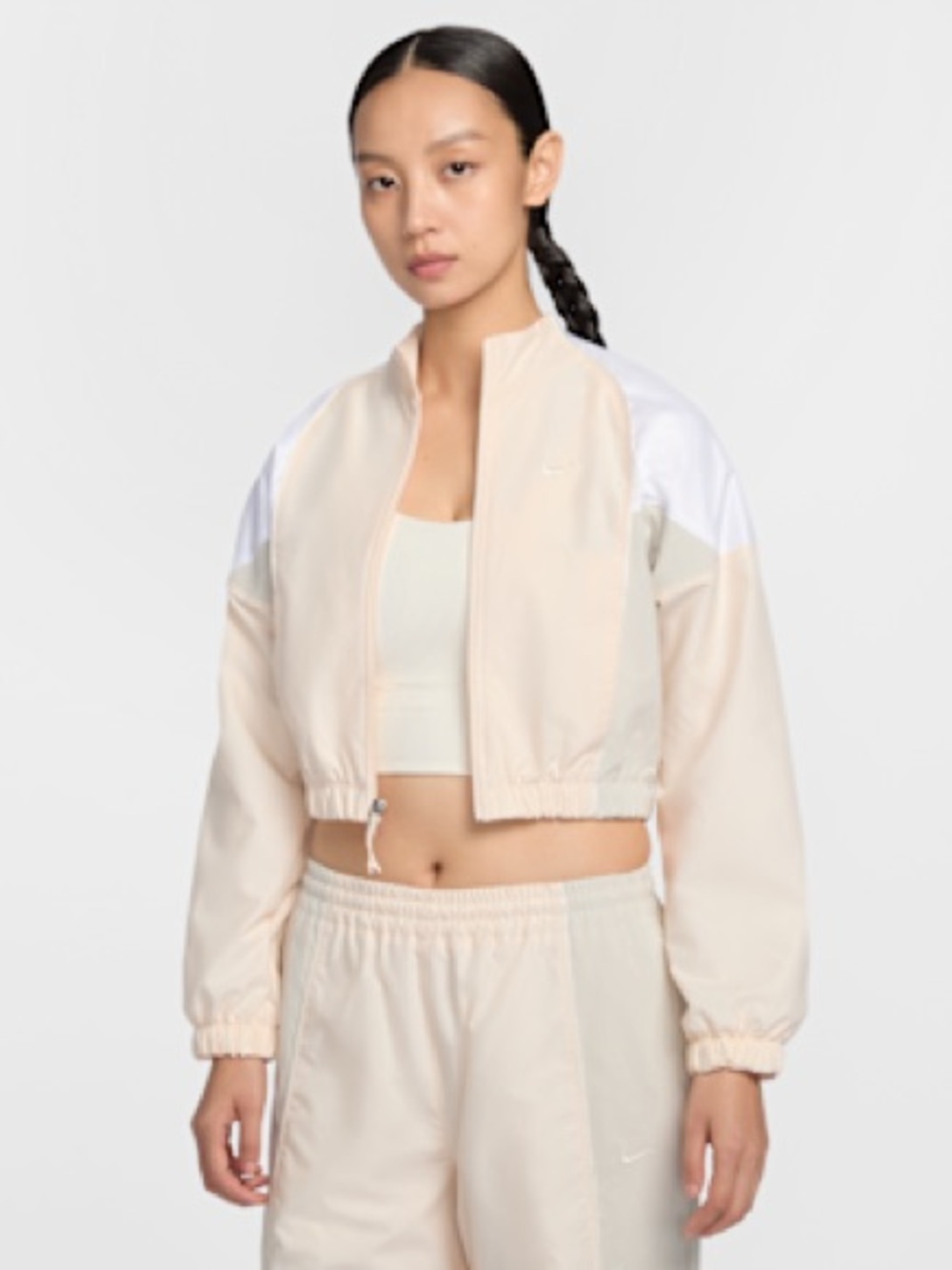 Nike Cropped Bomber Jacket in Light Beige and White